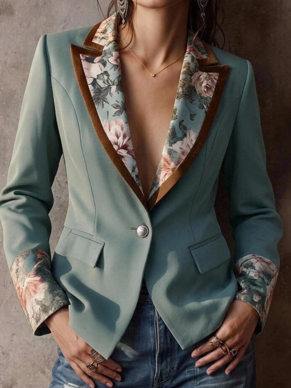 Women's Vintage Romantic Floral Print Patchwork Blazer Autumn Clothes
